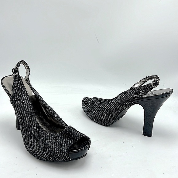 Vintage candies Y2K gray black white tweed heels sling back open toe size 8 - Picture 1 of 7